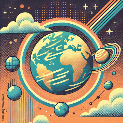 earth and moon, earth and space, planet earth and space, abstract vector illustration, abstract vector background, abstract vector background with colorful city, global business concept
