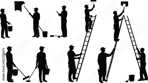 Silhouette workers painting walls, using paint roller, ladder, bucket, tools, professional painters at work, renovation concept, black vector illustration