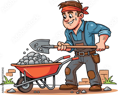 Cheerful Construction Worker Shoveling Rocks into Wheelbarrow with Sweat Droplets
