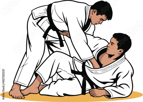 Judo Training Vector Illustration Grappling on Mat