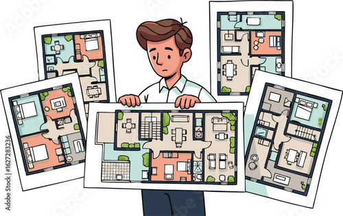 Confused man holding architectural floor plans with various room layouts