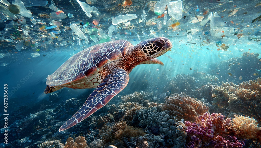 Fototapeta premium A sea turtle navigating through plastic pollution