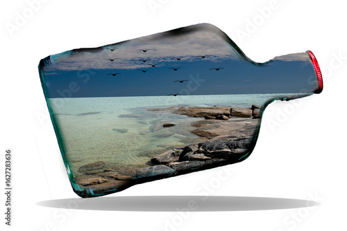 Artistic design work, using glass bottles