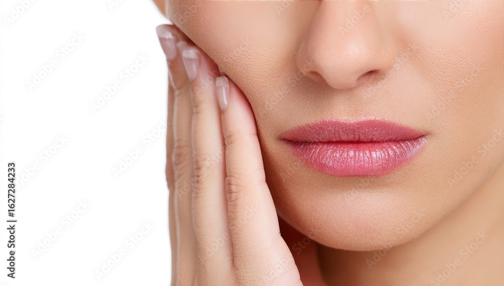 Obraz premium Woman touches cheek in pain with white background for medical and health usage