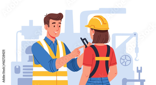 Engineer Explaining Technical Details to Colleague in Industrial Setting.