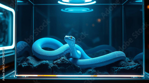 Blue snake reptile in terrarium pet animal exotic wildlife serpent creature scales glass terrarium reptile