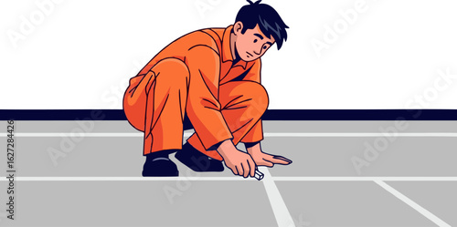 Focused Man in Orange Jumpsuit Drawing Lines on Gray Ground