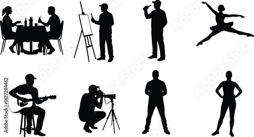 Silhouettes of people dining, painting, drinking, dancing, playing guitar, photographing, modeling, black vector lifestyle set, creative human activity poses