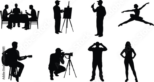 Silhouettes of people dining, painting, drinking, dancing, playing guitar, photographing, observing, modeling, black vector lifestyle poses, creative human activity collection