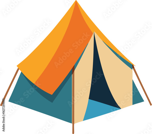 Illustration of a fully set up tent with an open flap