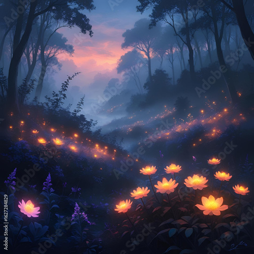 Glowing bioluminescent flowers in a magical forest at night, mysterious light, dark background, fantasy style, surreal beauty
