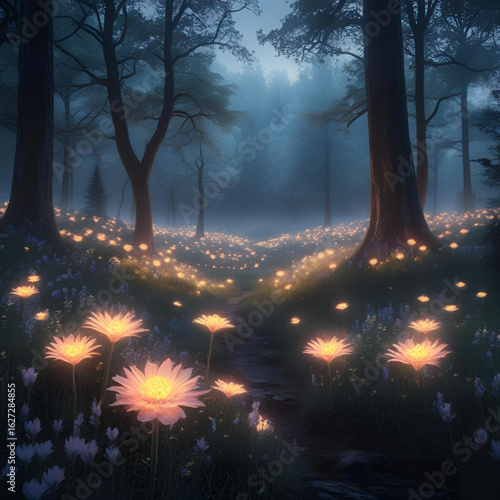 Glowing bioluminescent flowers in a magical forest at night, mysterious light, dark background, fantasy style, surreal beauty
