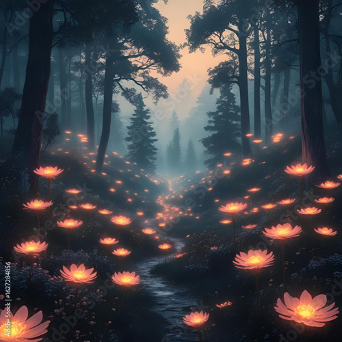 Glowing bioluminescent flowers in a magical forest at night, mysterious light, dark background, fantasy style, surreal beauty
