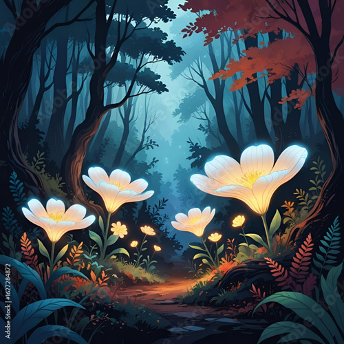 Glowing bioluminescent flowers in a magical forest at night, mysterious light, dark background, fantasy style, surreal beauty
