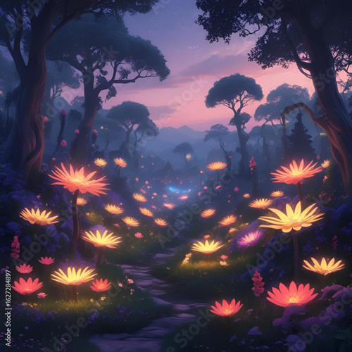 Glowing bioluminescent flowers in a magical forest at night, mysterious light, dark background, fantasy style, surreal beauty
