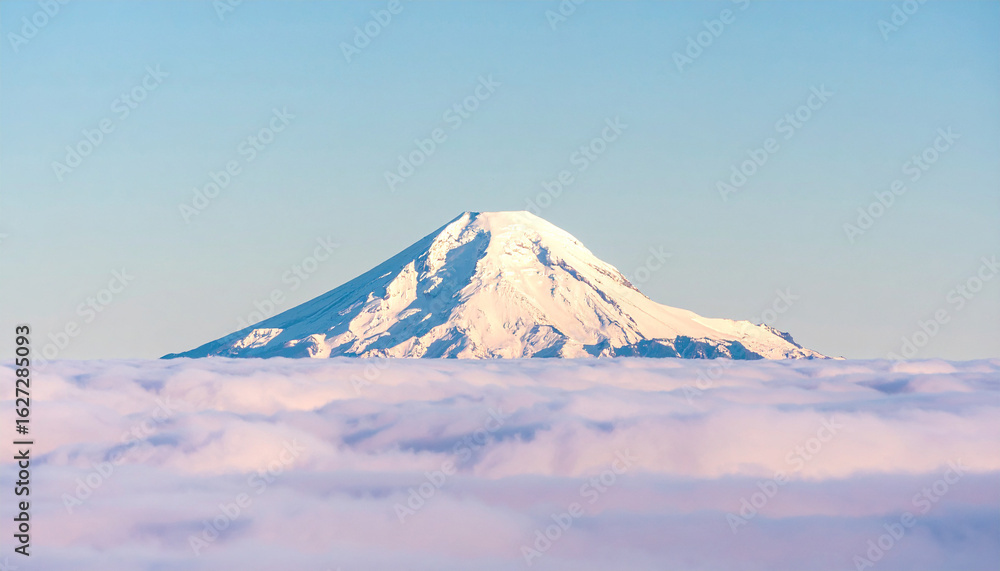 Majestic Mountain Above the Clouds: A breathtaking panorama of a snow-capped mountain peak, soaring above a sea of fluffy clouds, painted in the soft hues of dawn. Majestic Mountain Above the Clouds: A breathtaking panorama of a snow-capped mountain peak, soaring above a sea of fluffy clouds, painted in the soft hues of dawn.