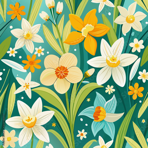 Vibrant spring daffodil floral pattern with white yellow and blue flowers on teal background