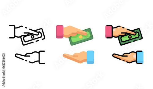 Icon set of hands exchanging currency in line and color styles.