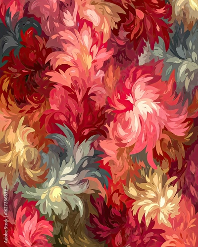 Abstract floral pattern in reds, pinks, and muted tones