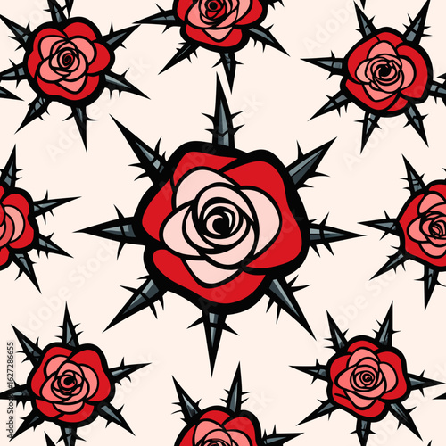 Seamless pattern of stylized red roses with sharp black thorns on a light pink background