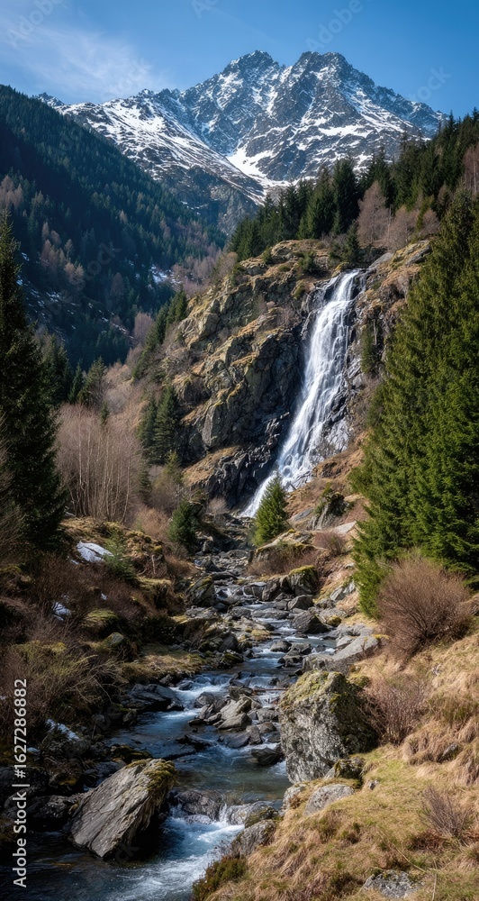 Obraz premium Mountain waterfall cascading into a valley