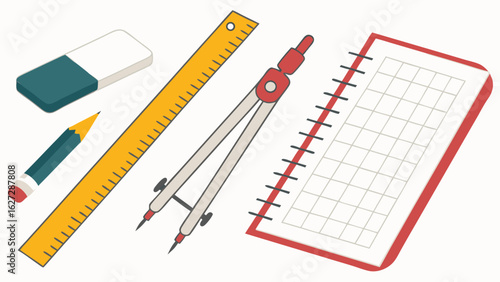 Essential School and Geometry Supplies Illustration with Ruler, Compass, Pencil, Eraser, and Grid Notebook