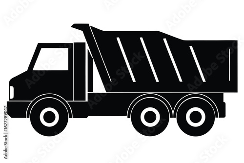 Black Silhouette Dump Truck Heavy Machinery Illustration with Three Axles and Striped Dump Bed