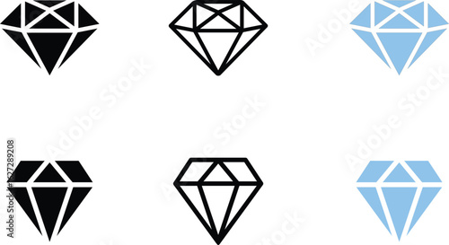 Geometric Diamond Icons – Set of  Stylized Rhombus Designs in Black and Light Blue Variants with Varied Line Patterns on White Background