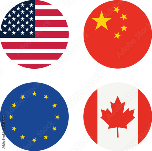  USA, China, EU, Canada in Minimalist Circular flag Format for International Business, Politics, and Education