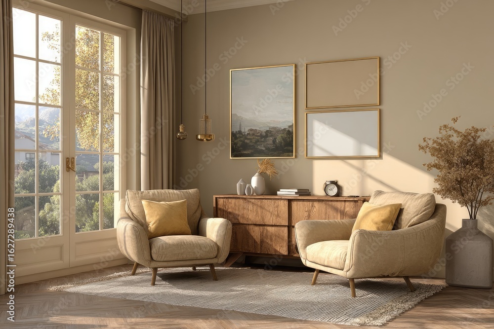 Fototapeta premium Beige living room, warm sunlight