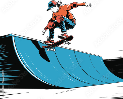 Skateboarder Riding Ramp Vector Illustration