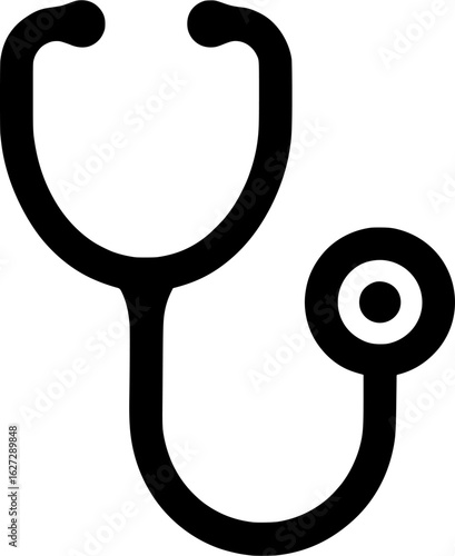 Black and white stethoscope icon representing healthcare, medical checkup, hospital tools, doctor equipment, clinical diagnosis, patient care, wellness, nursing and cardiology healthcare design