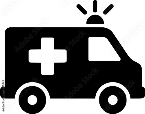 Black and white ambulance icon with medical cross and siren light symbolizing emergency healthcare, hospital transport, urgent medical services, patient rescue, clinical treatment, and healthcare supp