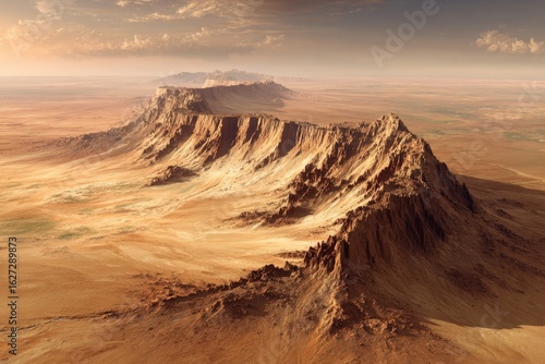 Vast desert landscape with rugged mountain range