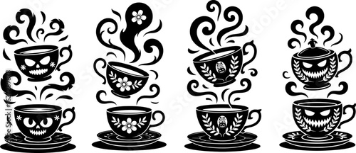 Haunted tea set with levitating teacup and ghostly steam, perfect for Halloween decor, vintage art, and spooky designs