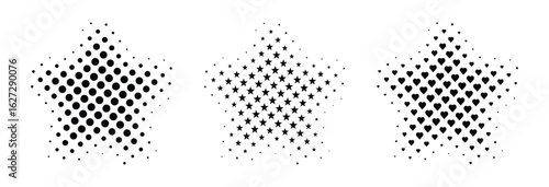 Halftone star design elements set - isolated vector patterns on transparent background. Vintage dot texture for cosmic overlays, luxury prints, and celestial designs. Minimalist EPS/PNG.	
