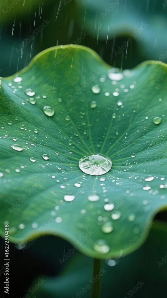 Fototapeta premium Raindrops on a vibrant green lotus leaf, showcasing nature's delicate beauty.