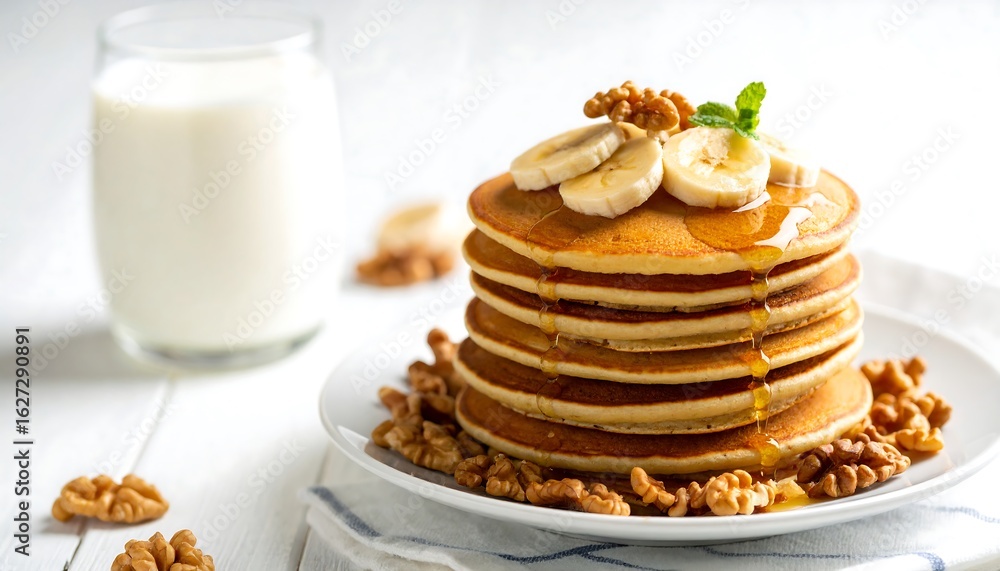 Stack of delicious pancakes with syrup with banana, and walnuts milk on white table. Stack of delicious pancakes with syrup with banana, and walnuts milk on white table.