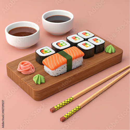 Colorful 3D Sushi Set with Chopsticks and Wasabi — Playful Cartoon Food Render.