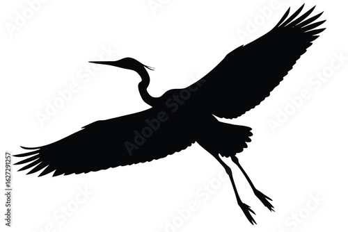 Black Silhouette of a Great Blue Heron Flying with Wings Spread Against White Background