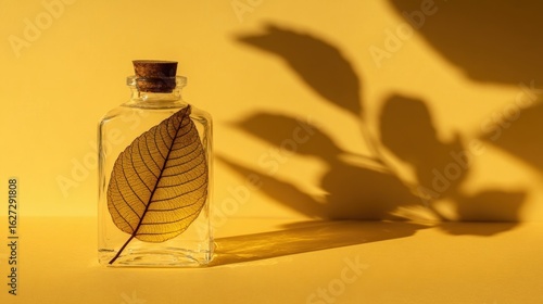 Elegant Leaf in Glass Bottle Casting Shadows on Yellow Background