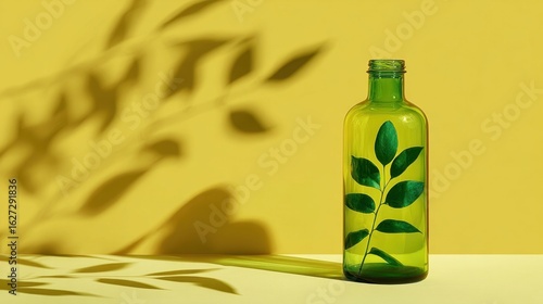 Green Bottle with Leaf Shadow on Yellow Background for Decor
