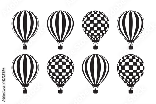 Hot Air Balloon Vector Set – Black and White Icons with Stripes and Checkered Patterns