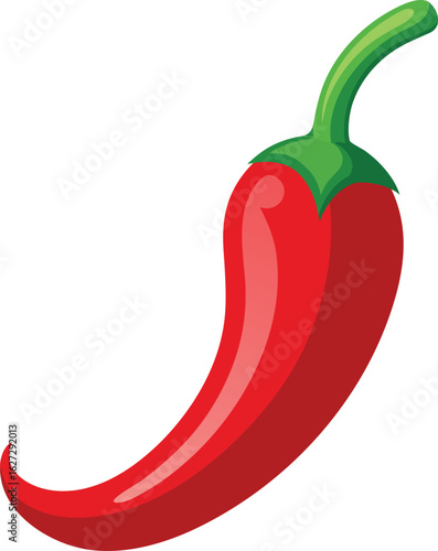 Curved shiny red chili pepper with green stem