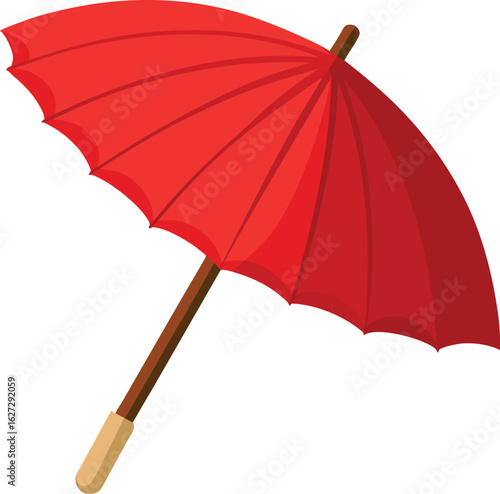 Red umbrella with wooden ribs and angled presentation