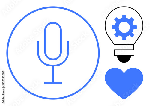 Microphone inside a circle, heart shape, and lightbulb with gear. Ideal for innovation, technology, ideas, creativity, podcasting audio systems and communication. Simple flat metaphor