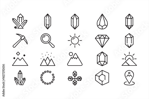 Minimalist Crystal Icons – Vector Set Featuring Gems, Quartz, and Geology Symbols