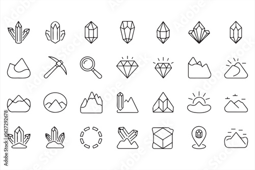 Crystal and Mineral Icon Set – Line Art Vector Symbols for Geology and Energy Use
