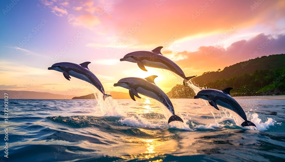 Fototapeta premium Leaping Dolphins at Sunset