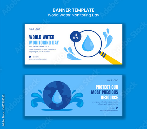 Water Monitoring Day Horizontal Banner Template with Hand Drawn Cartoon Background